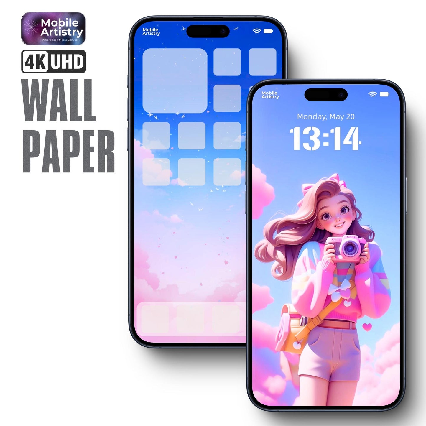 4K Ultra HD Aesthetic Phone Wallpaper Cute Girl Photography Lock Screen Background for iPhone Android - Pink Blue