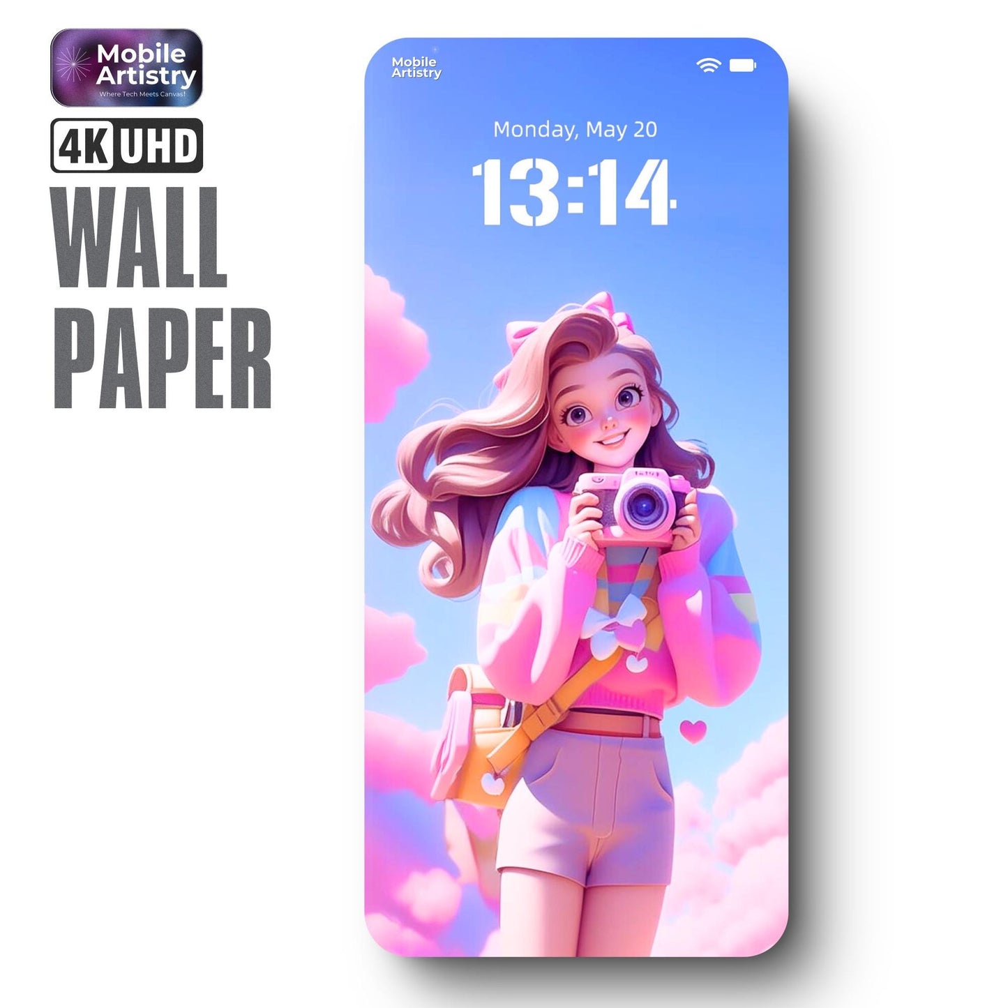 4K Ultra HD Aesthetic Phone Wallpaper Cute Girl Photography Lock Screen Background for iPhone Android - Pink Blue