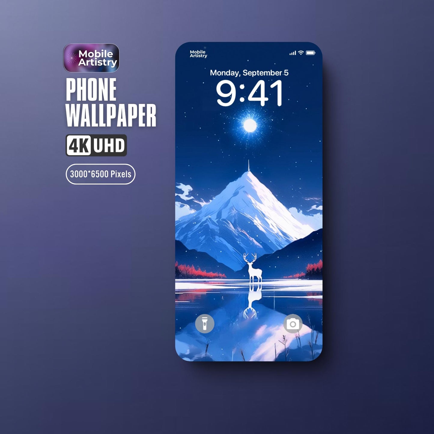 4K Phone Wallpaper - Majestic Mountain Deer in Tranquil Night Scene - Instant Download for iPhone Android
