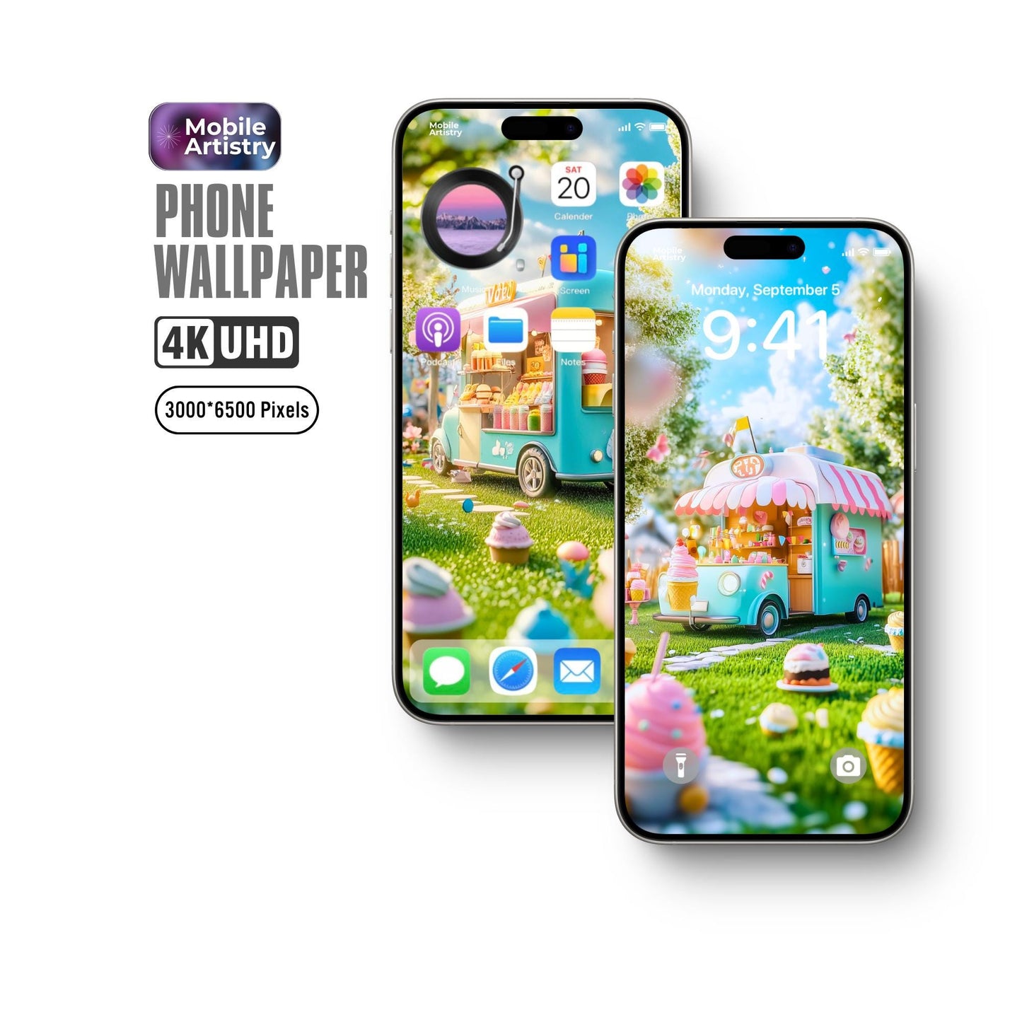 Whimsical and Playful Ice Cream Truck 4K UHD Phone Wallpaper - Colorful Landscape - Instant Download for iPhone and Android