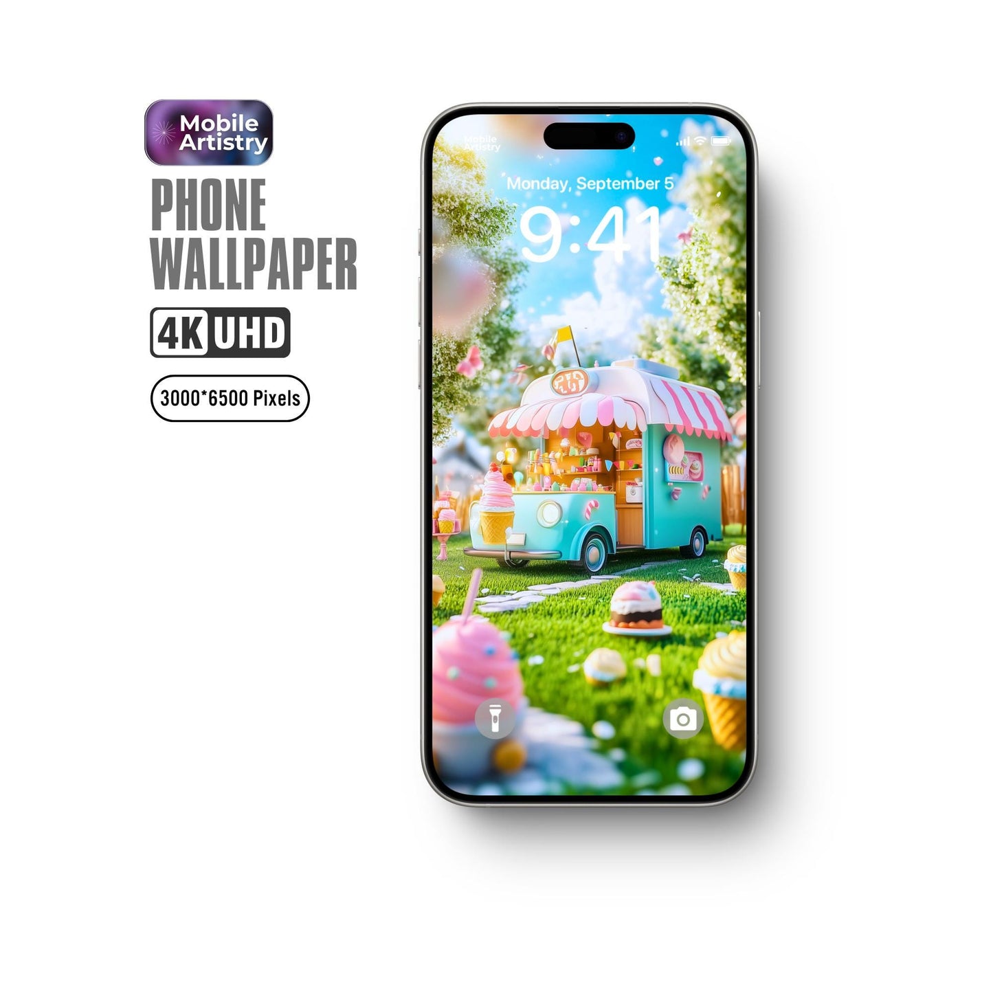 Whimsical and Playful Ice Cream Truck 4K UHD Phone Wallpaper - Colorful Landscape - Instant Download for iPhone and Android