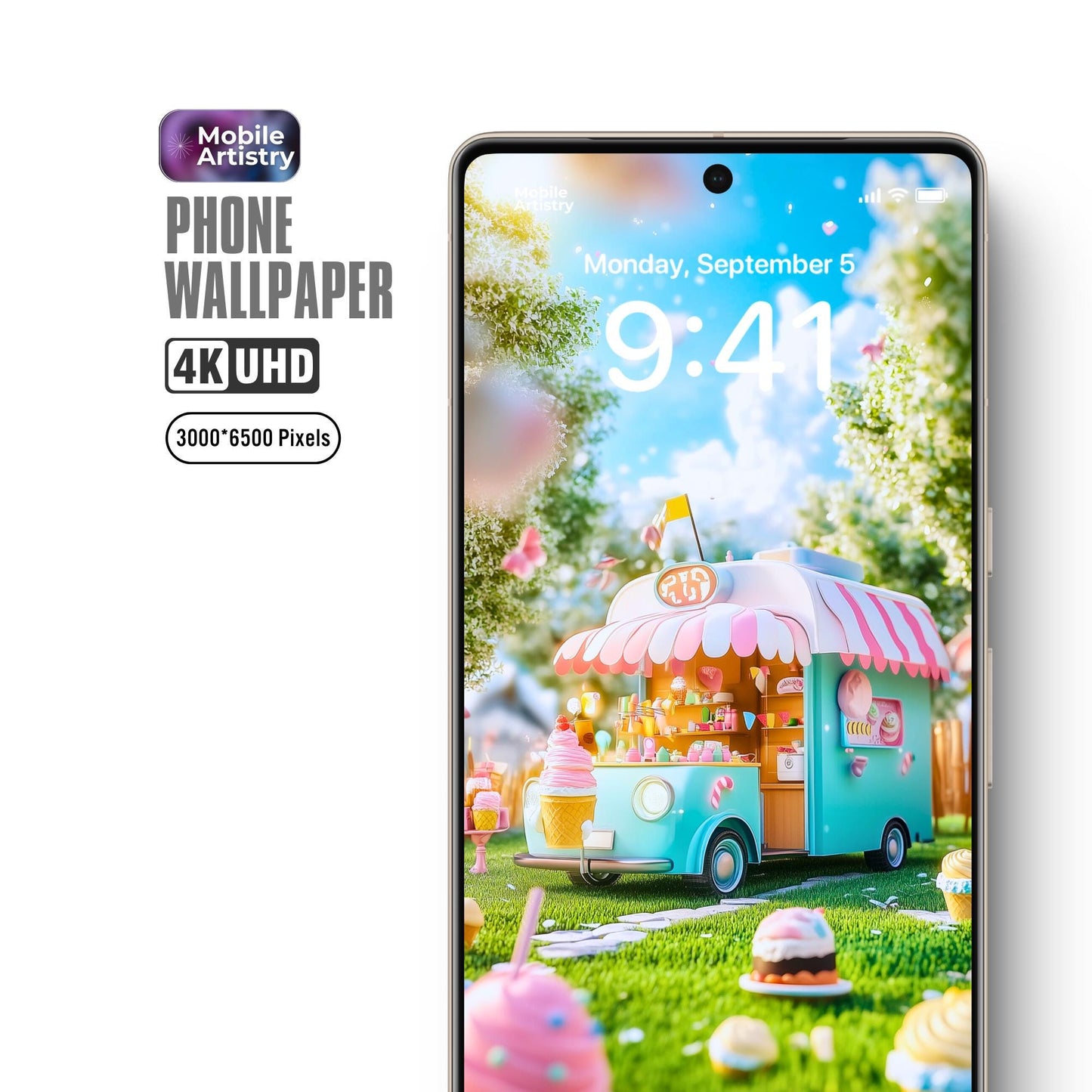 Whimsical and Playful Ice Cream Truck 4K UHD Phone Wallpaper - Colorful Landscape - Instant Download for iPhone and Android