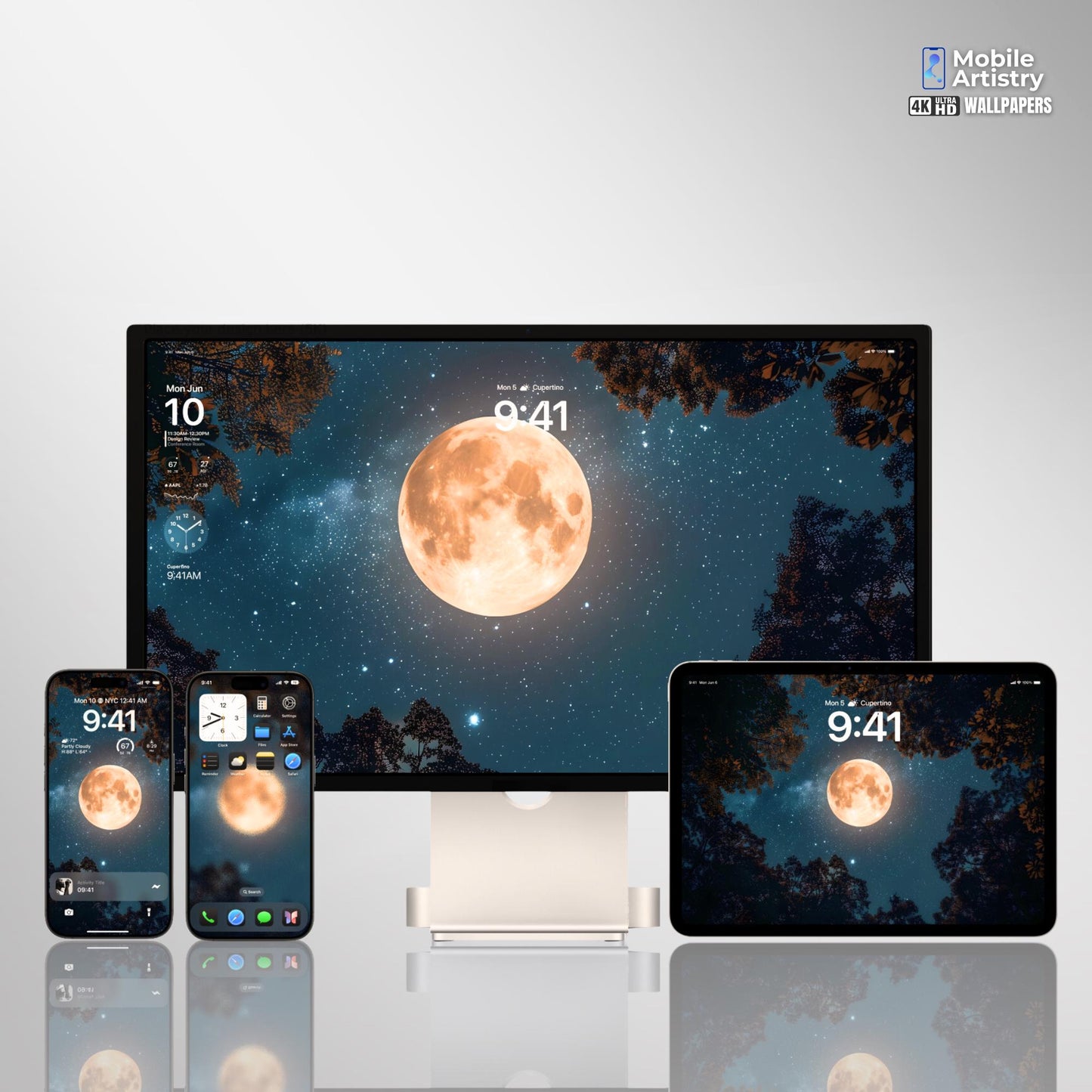 Full Moon Night Wallpaper Set - Frosted Home Screen Mystical Lock Screen - iPhone Android Desktop Tablet - High Resolution