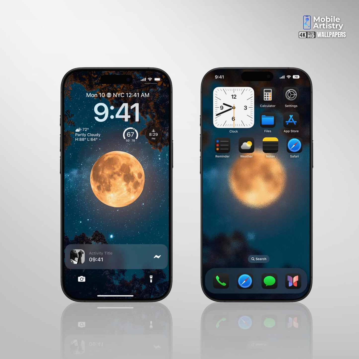 Full Moon Night Wallpaper Set - Frosted Home Screen Mystical Lock Screen - iPhone Android Desktop Tablet - High Resolution