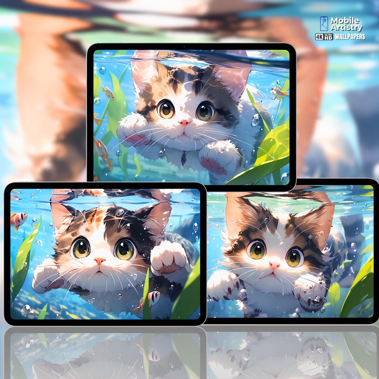 Cute Underwater Kitten iPad & Samsung Tablet Wallpaper Set | 4K HD Cat Art Backgrounds | Set of 3 Adorable Kitten Wallpapers