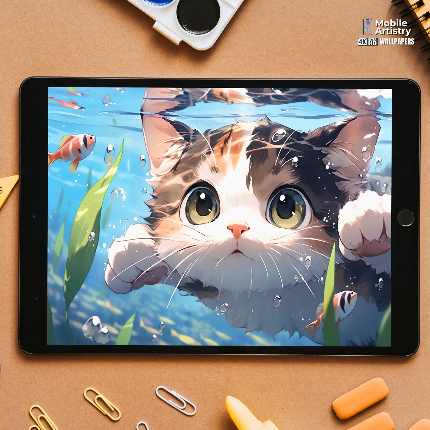 Cute Underwater Kitten iPad & Samsung Tablet Wallpaper Set | 4K HD Cat Art Backgrounds | Set of 3 Adorable Kitten Wallpapers