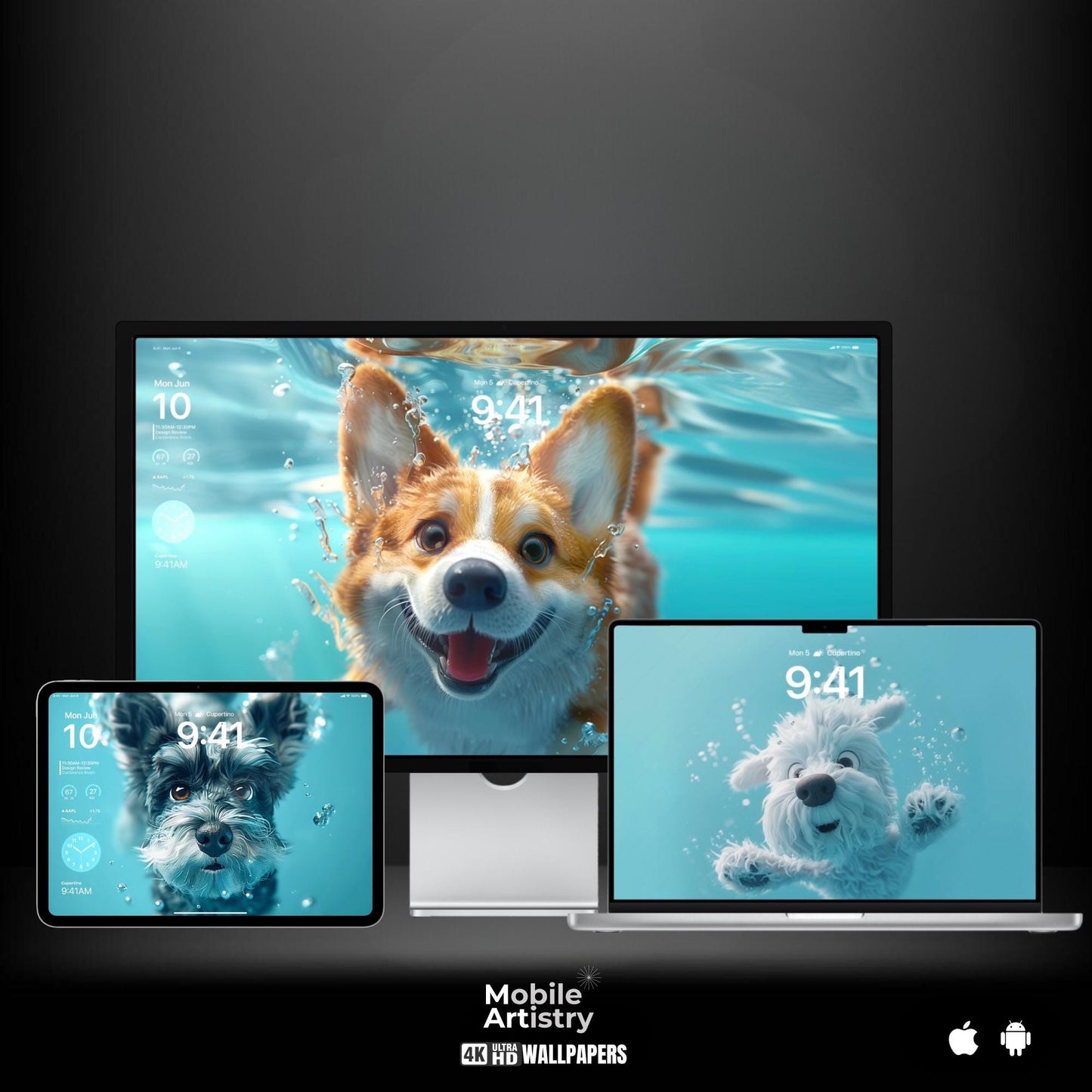 5-Pack 4K UHD Dog Wallpapers | Perfect for iPad, MacBook, Studio Display, and Laptops | Cute Underwater Dog Theme