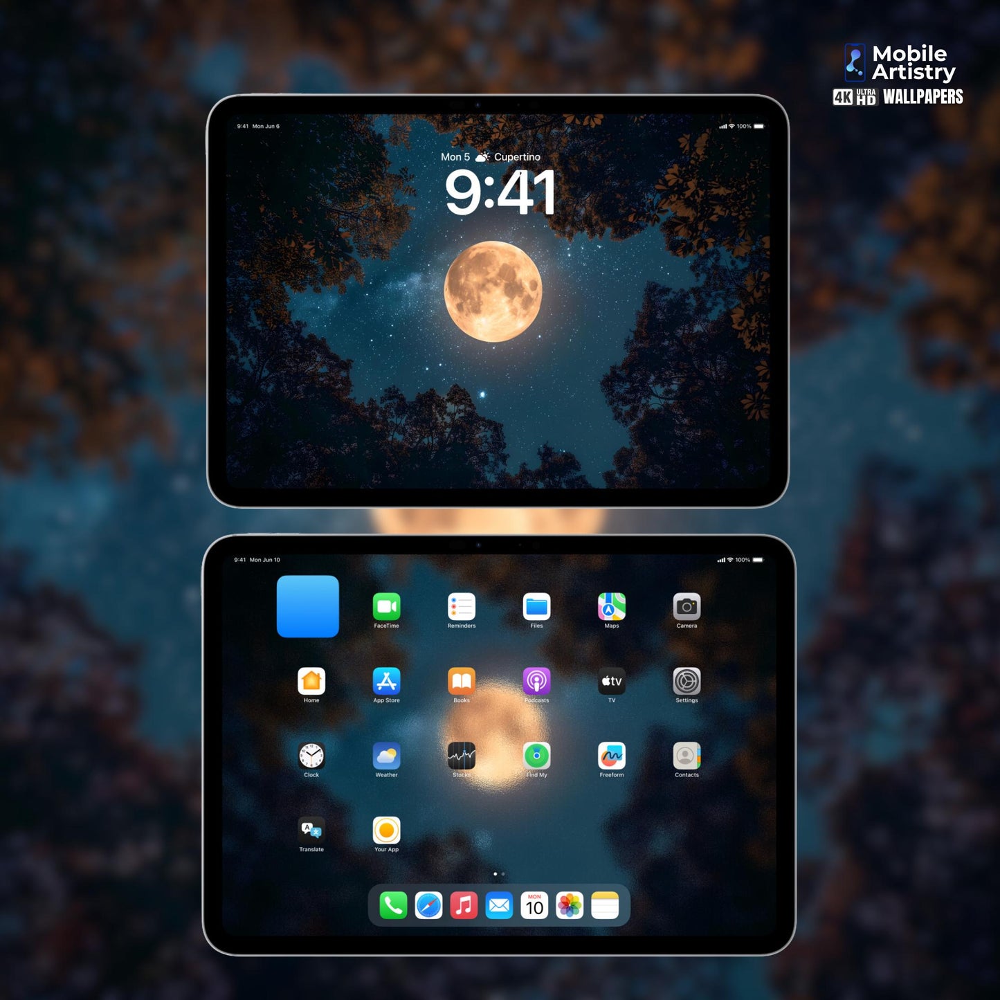 Full Moon Night Wallpaper Set - Frosted Home Screen Mystical Lock Screen - iPhone Android Desktop Tablet - High Resolution