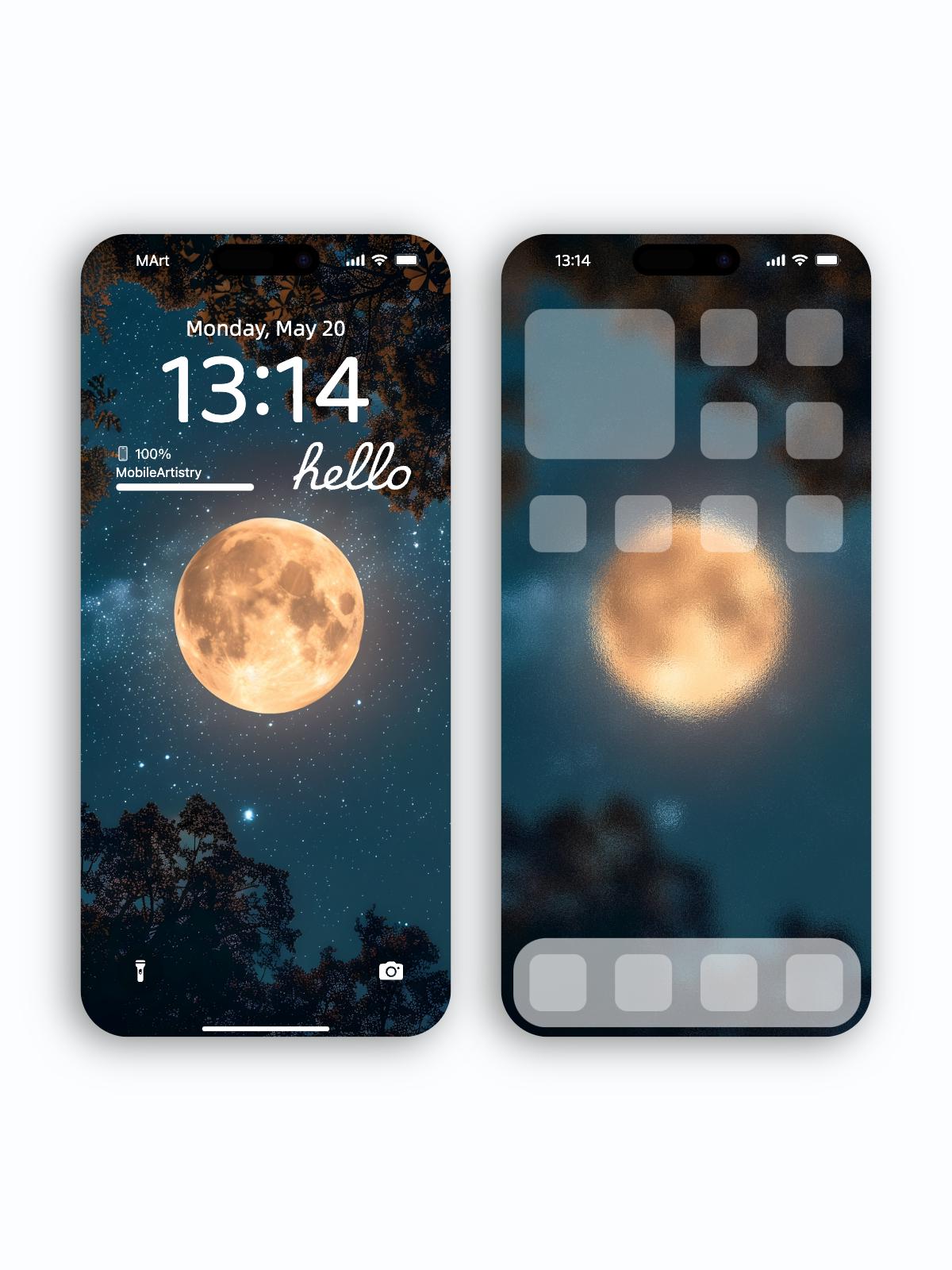 Full Moon Night Wallpaper Set - Frosted Home Screen Mystical Lock Screen - iPhone Android Desktop Tablet - High Resolution