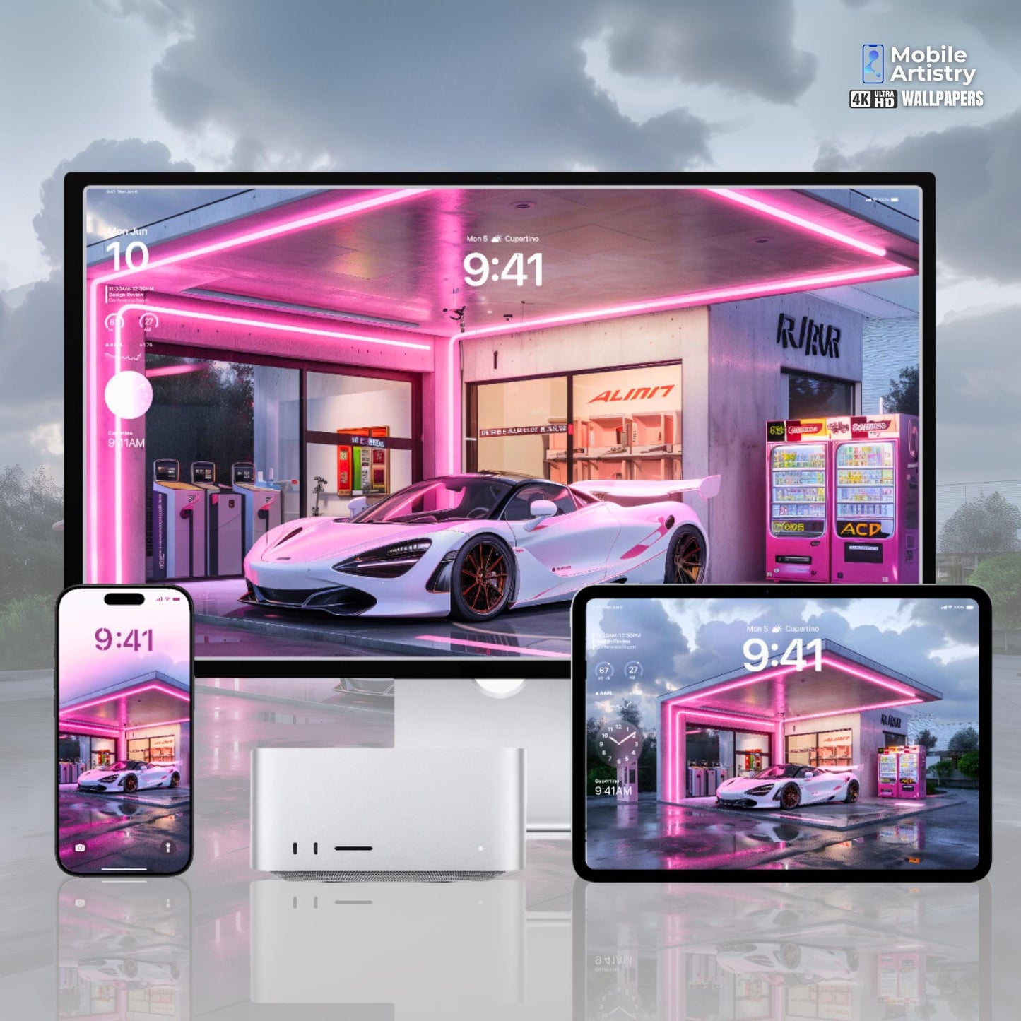 Neon Supercar Phone Wallpaper Set | Futuristic Gas Station Aesthetic | Pink & Sleek iPhone Android Backgrounds | Instant Download