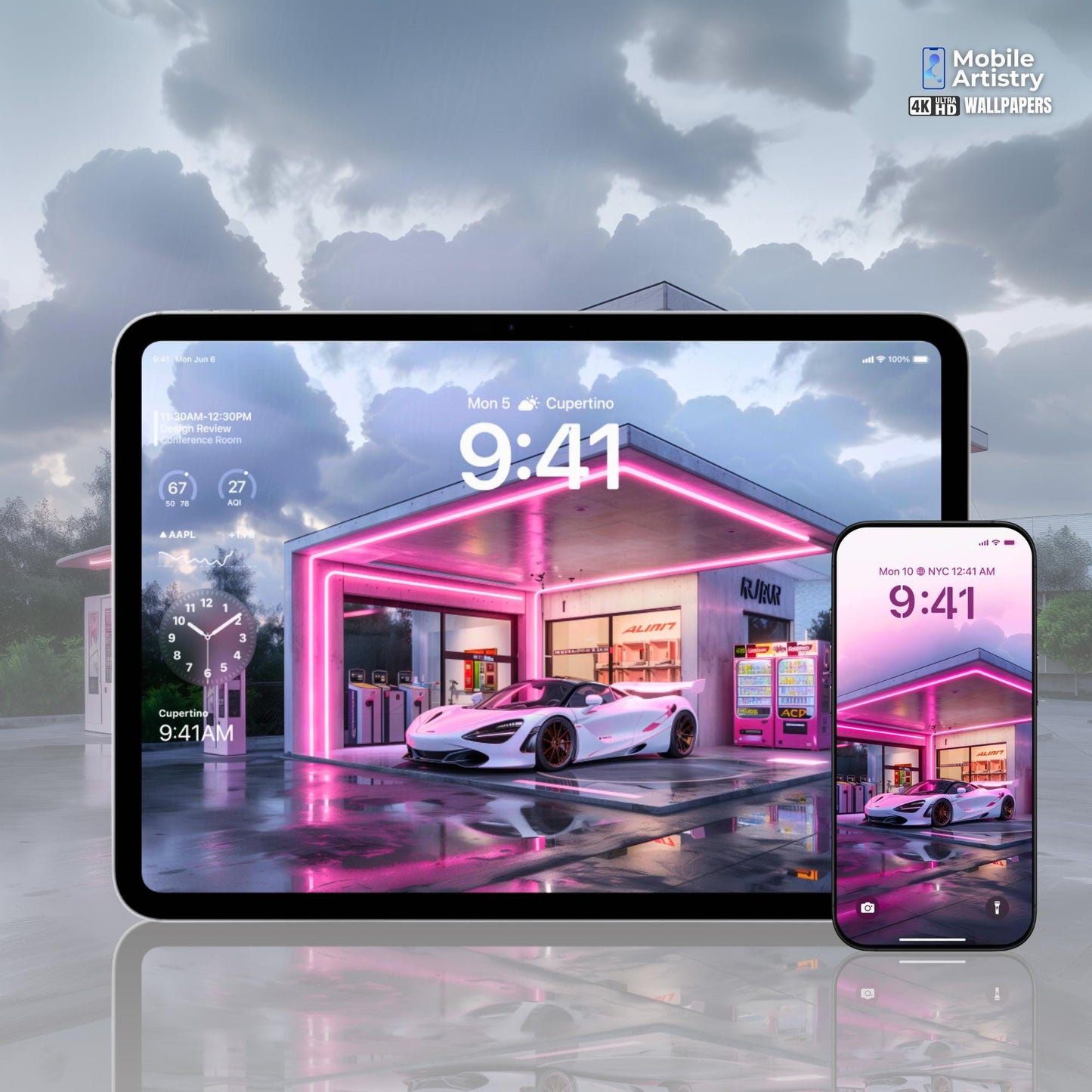 Neon Supercar Phone Wallpaper Set | Futuristic Gas Station Aesthetic | Pink & Sleek iPhone Android Backgrounds | Instant Download