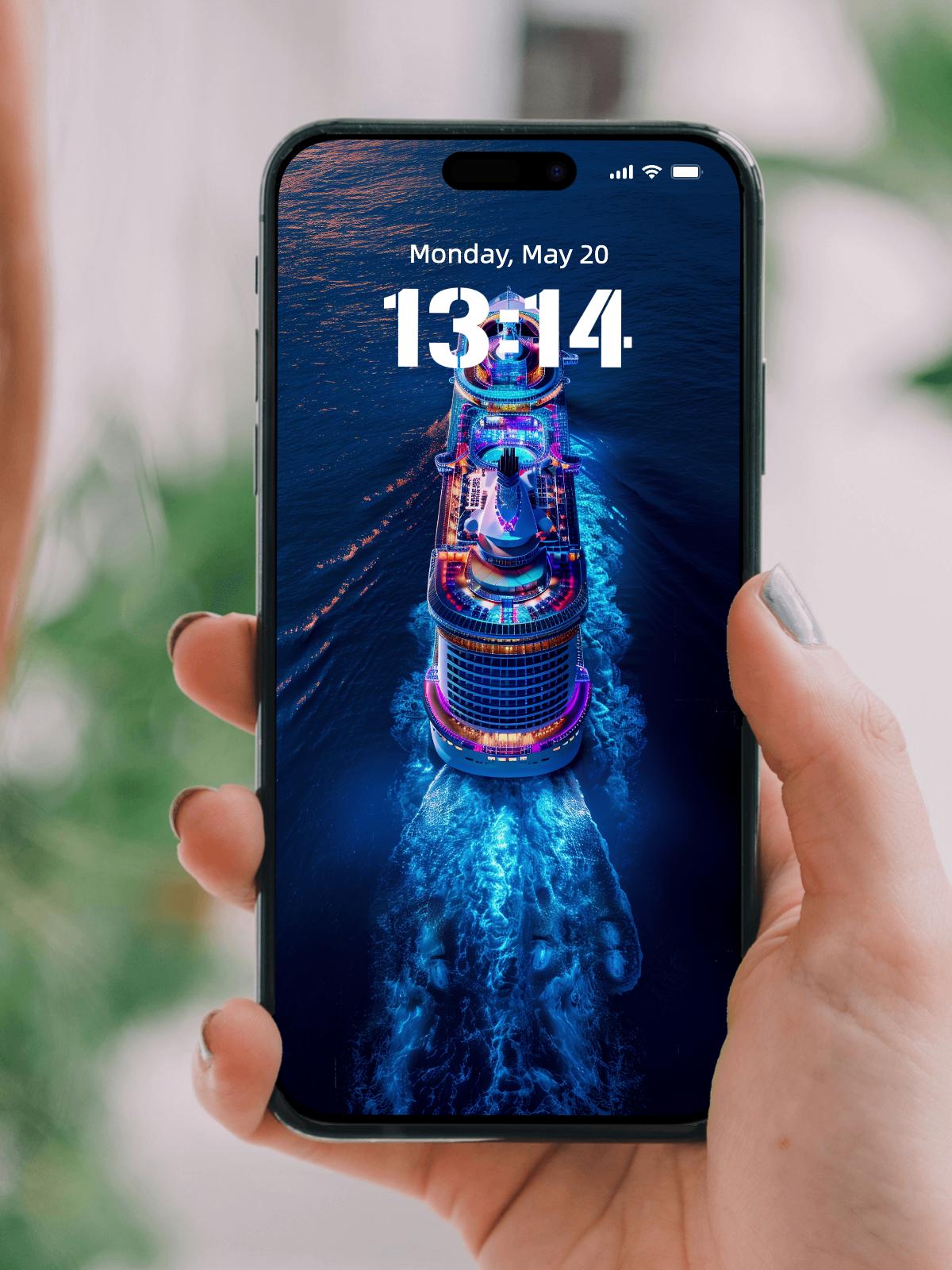 4K Ultra HD Neon Cruise Ship Wallpaper | Futuristic Ocean Voyage Phone Background for iPhone & Android | Vibrant Night Water Scene