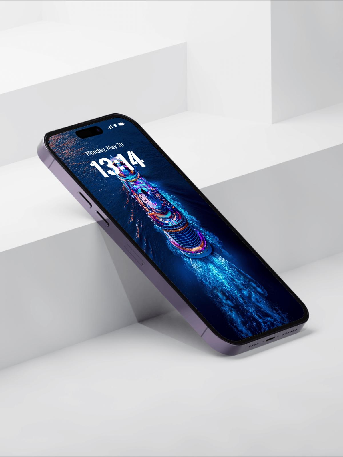 4K Ultra HD Neon Cruise Ship Wallpaper | Futuristic Ocean Voyage Phone Background for iPhone & Android | Vibrant Night Water Scene