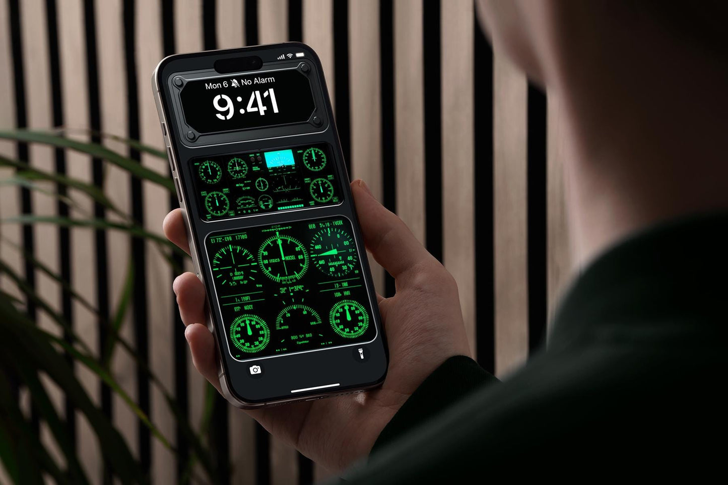 Aircraft Instrument Panel Wallpaper | Futuristic Green Glow Aviation Dashboard | Mobile Phone Wallpaper | iOS LockScreen Wallpaper | 414