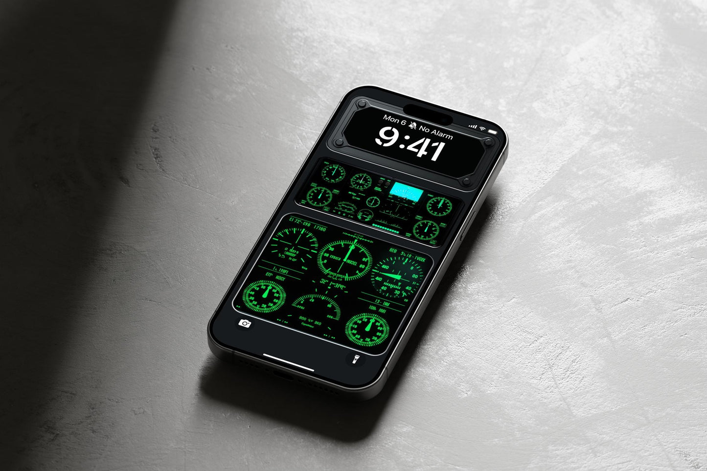 Aircraft Instrument Panel Wallpaper | Futuristic Green Glow Aviation Dashboard | Mobile Phone Wallpaper | iOS LockScreen Wallpaper | 414