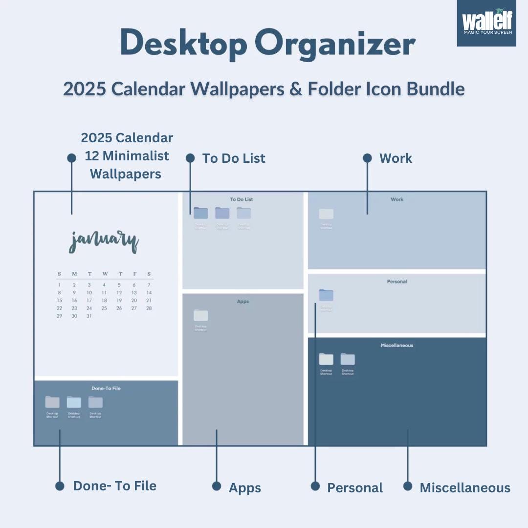 Blue & Neutral Desktop Organizer Wallpaper Bundle | 2025 Calendar Themes | Multiple Resolutions | Mac Windows Folder Icon Guide