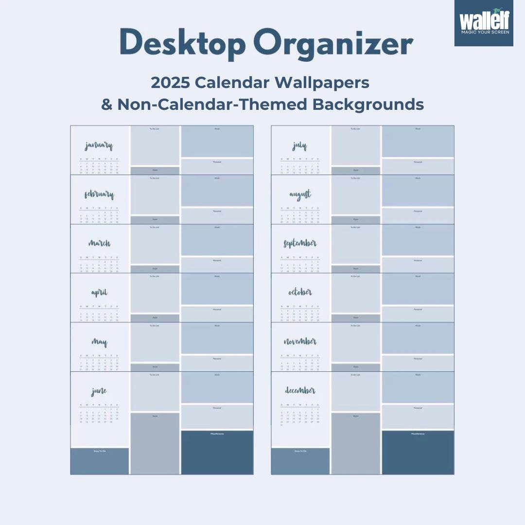 Blue & Neutral Desktop Organizer Wallpaper Bundle | 2025 Calendar Themes | Multiple Resolutions | Mac Windows Folder Icon Guide