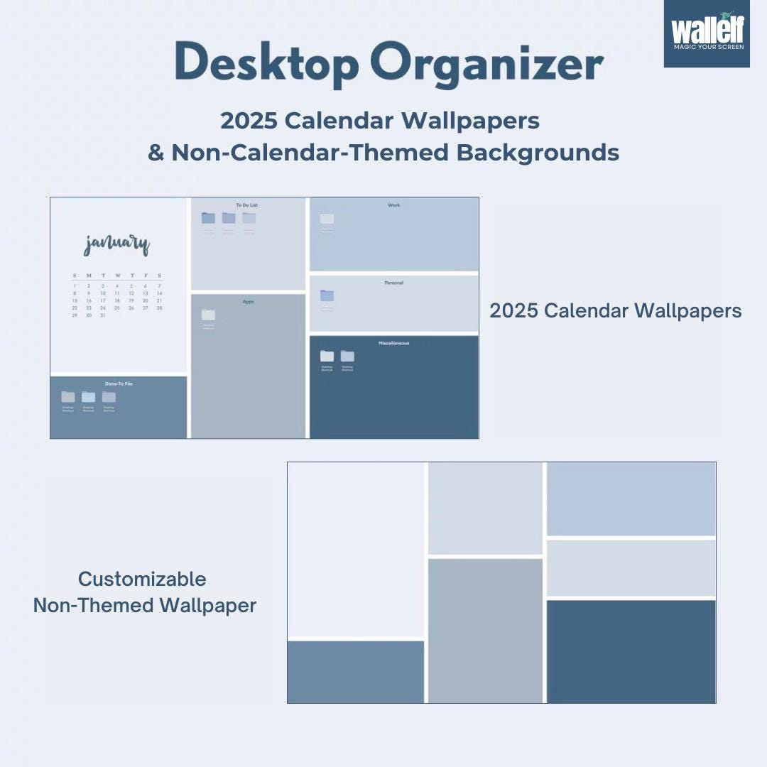 Blue & Neutral Desktop Organizer Wallpaper Bundle | 2025 Calendar Themes | Multiple Resolutions | Mac Windows Folder Icon Guide