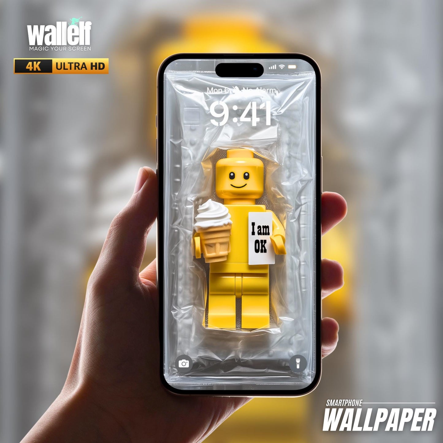 Yellow Toy Figure Wallpaper | 4K Ultra HD Fun Lock Screen | Minimalist "I Am OK" Figure for iPhone & Android | 364