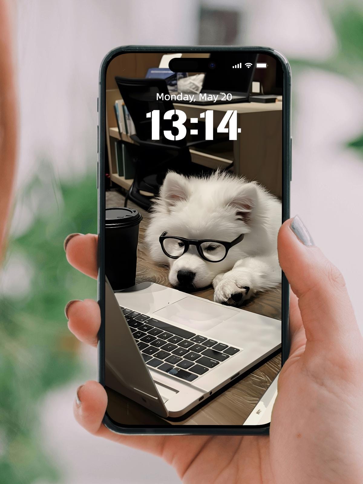 Adorable Dog at Work iPhone Wallpaper | 9K Cute Puppy Office Theme | Cozy Funny Digital Art Background for iOS & Android | 367