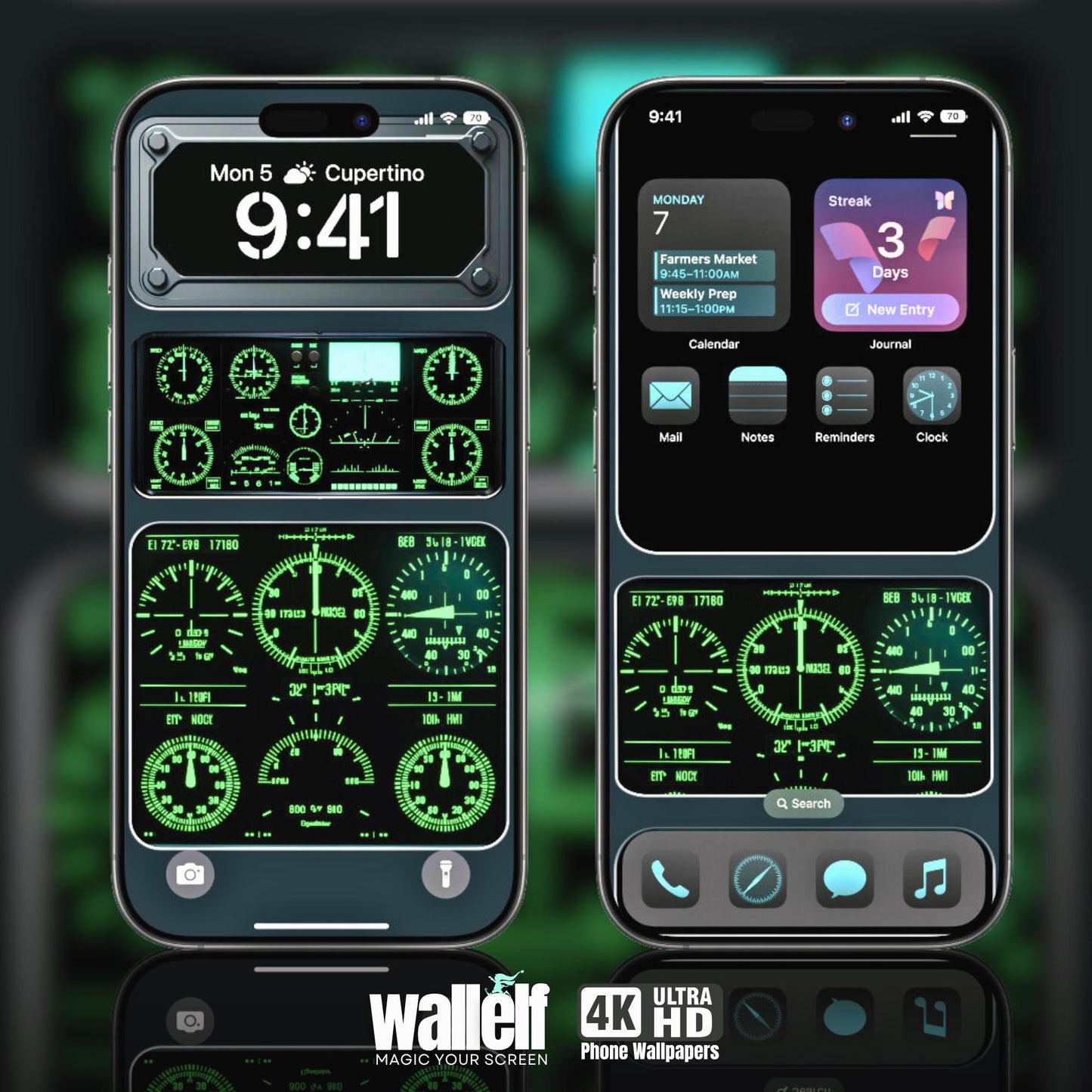Aircraft Instrument Panel Wallpaper | Futuristic Green Glow Aviation Dashboard | Mobile Phone Wallpaper | iOS LockScreen Wallpaper | 414