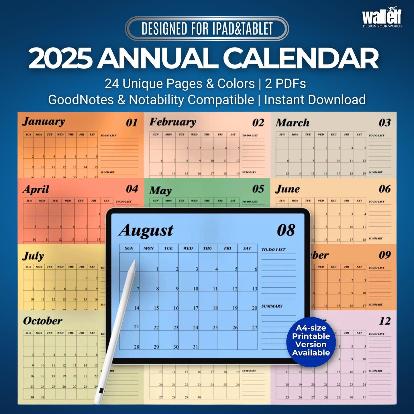 2025 Annual Digital Calendar | GoodNotes Notability Planner | Minimalist & Dopamine Color Options | Printable Monthly To-Do Summary