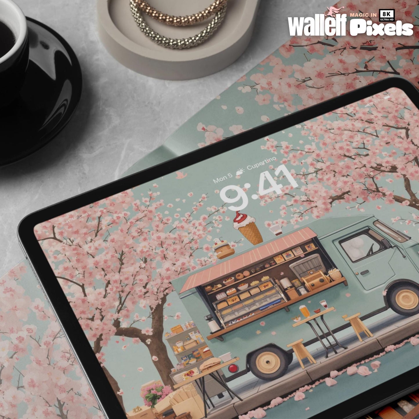 8K Cherry Blossom Food Truck Wallpaper Bundle | Aesthetic Multi-Device Digital Backgrounds for iPhone, iPad, MacBook, Desktop & More | 489