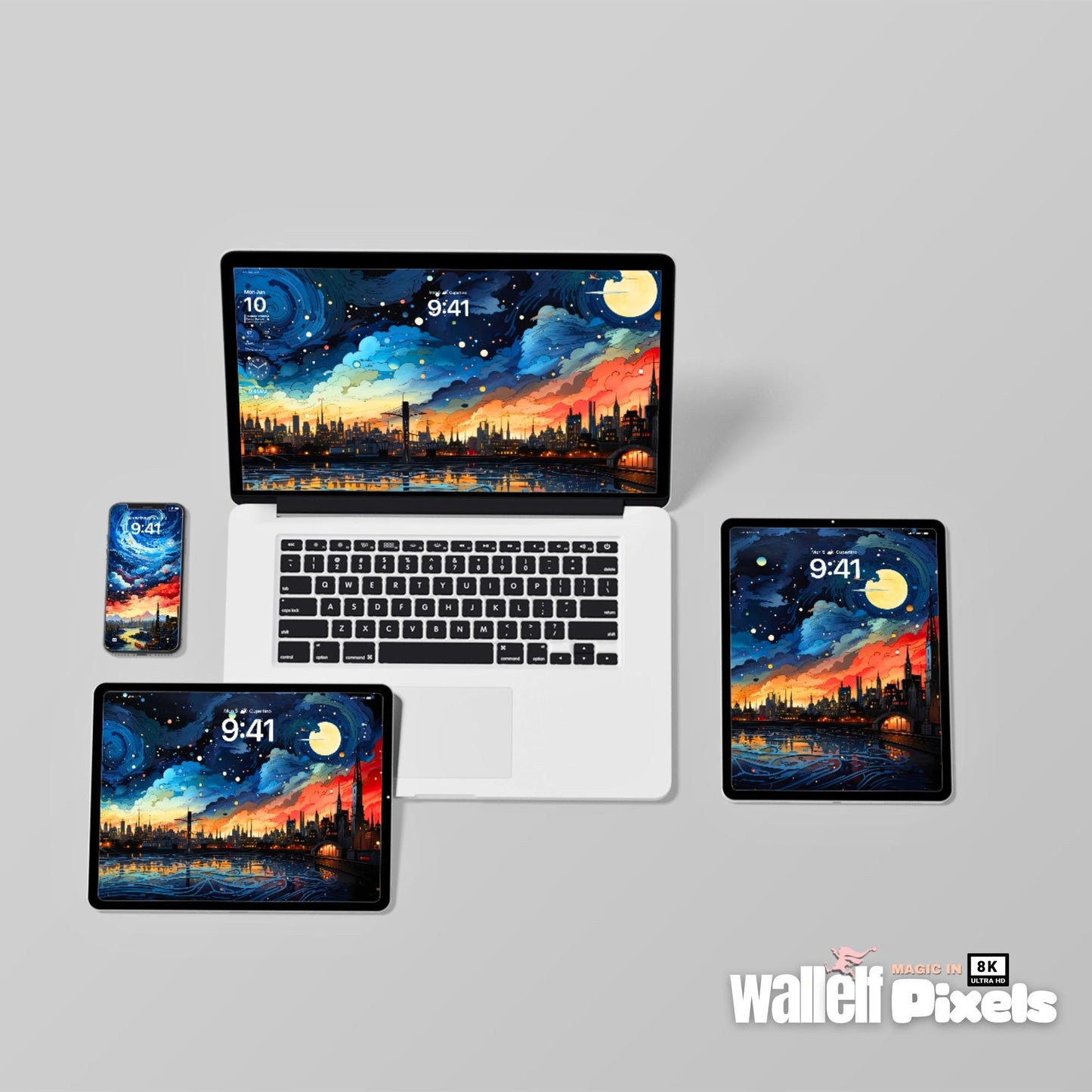8K Starry Skyline Digital Wallpaper | Cityscape Background for Desktop, iPhone, iPad & MacBook | Vibrant Nightscape Aesthetic | 494