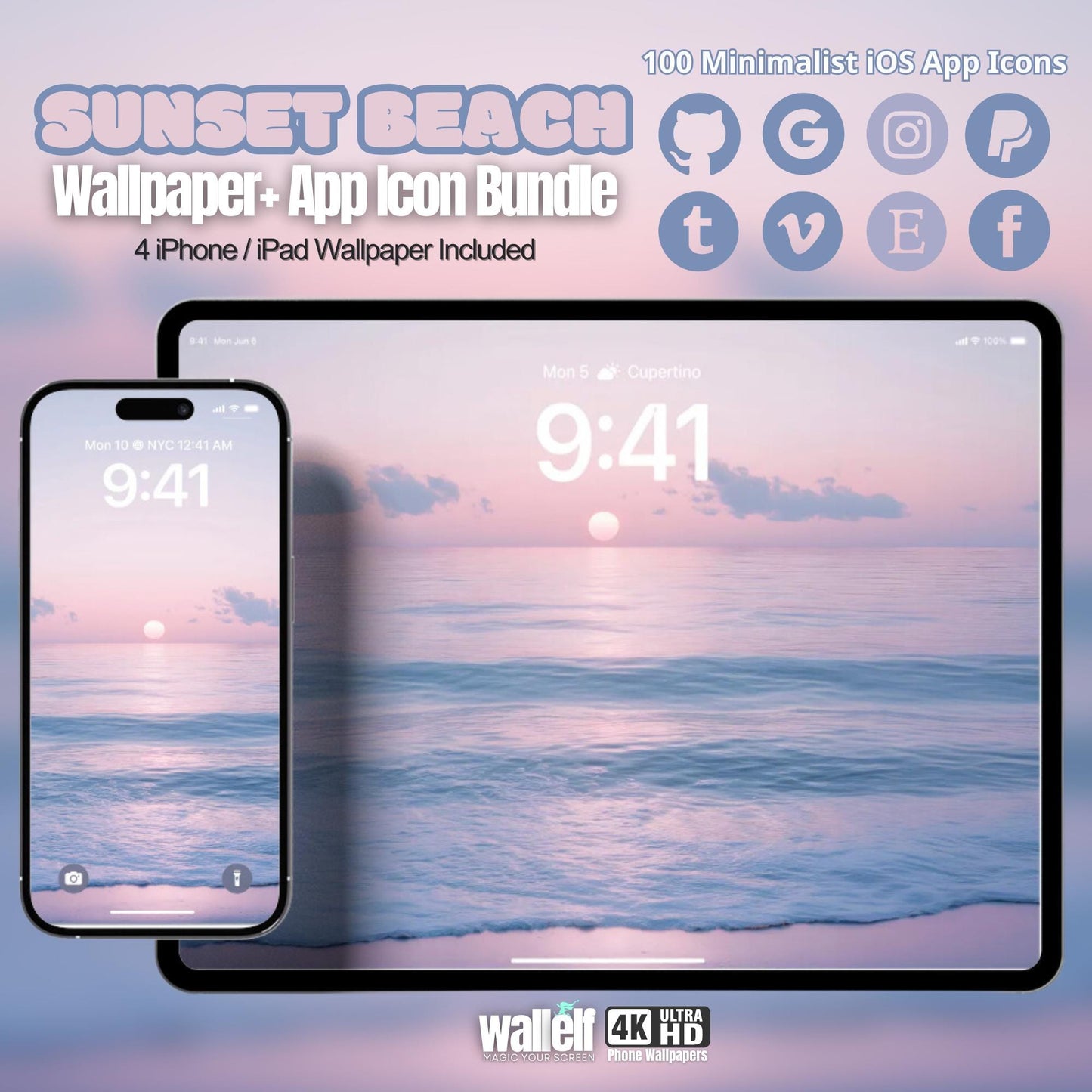 100 Minimalist iOS App Icons & Sunset Beach Wallpaper Bundle | 4 Wallpapers for iPhone iPad | Lock Home Screens| 462
