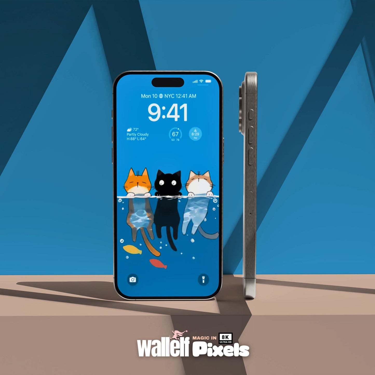 8K Swimming Cats Digital Lock Screen Wallpaper Bundle |Whimsical Animal Backgrounds for All Devices | iPhone, iPad, Laptop & Desktop | 496