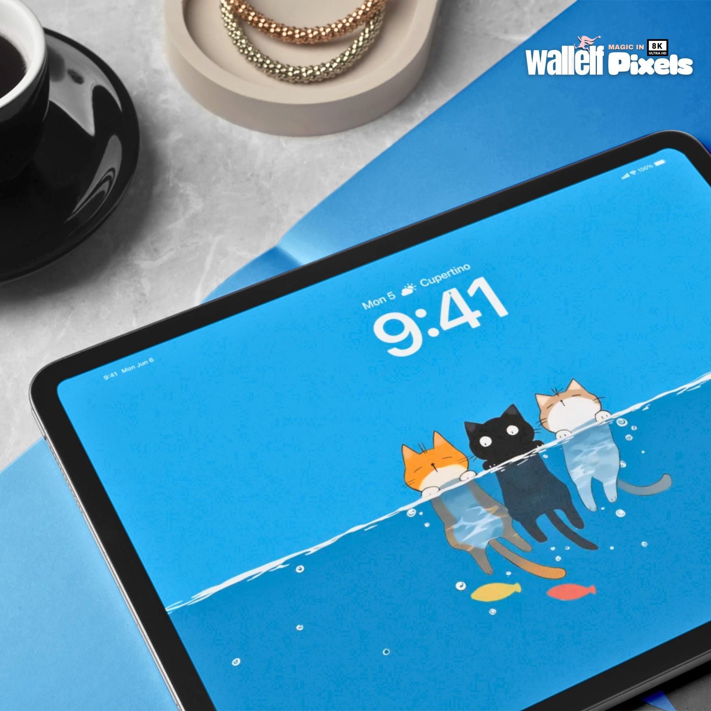 8K Swimming Cats Digital Lock Screen Wallpaper Bundle |Whimsical Animal Backgrounds for All Devices | iPhone, iPad, Laptop & Desktop | 496