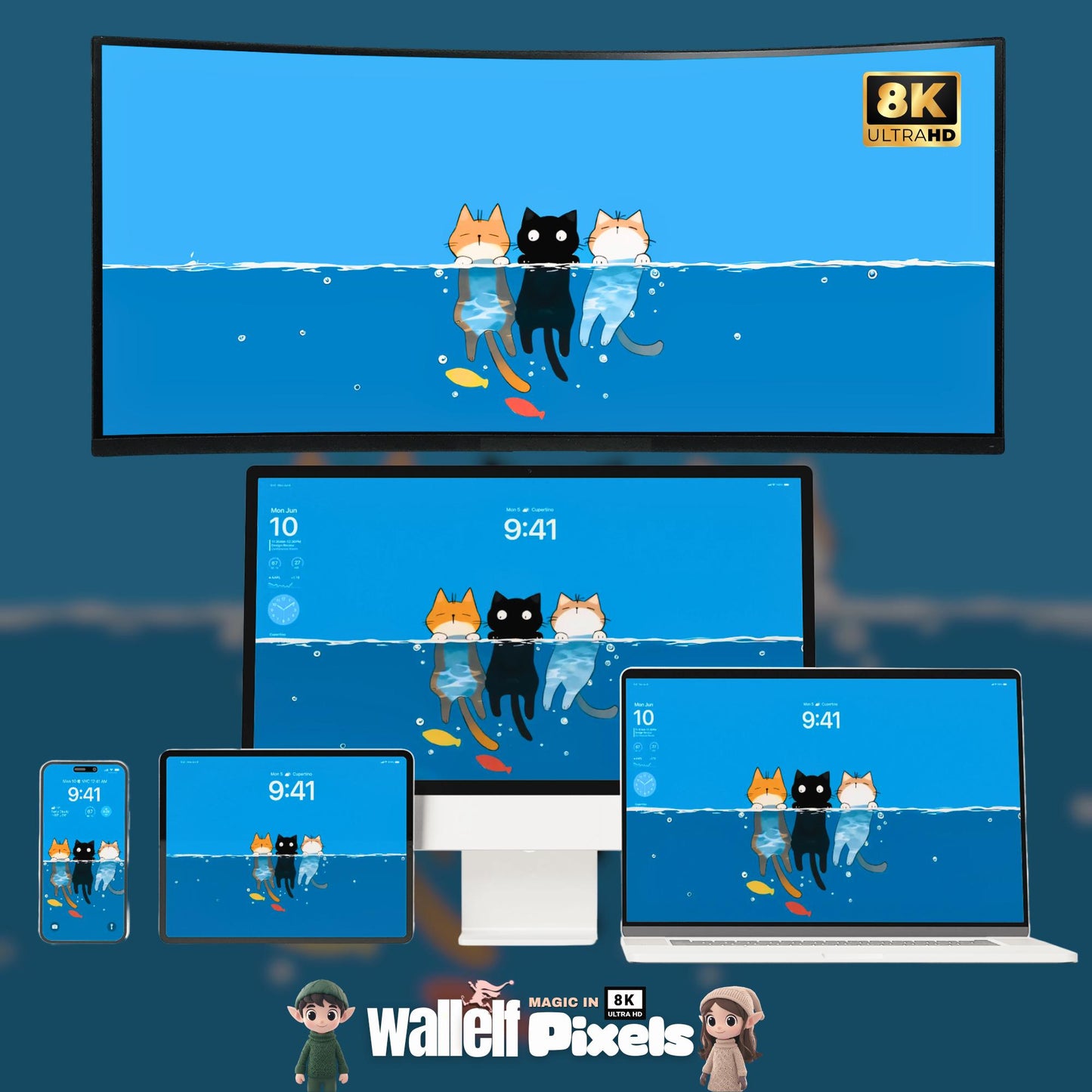 8K Swimming Cats Digital Lock Screen Wallpaper Bundle |Whimsical Animal Backgrounds for All Devices | iPhone, iPad, Laptop & Desktop | 496