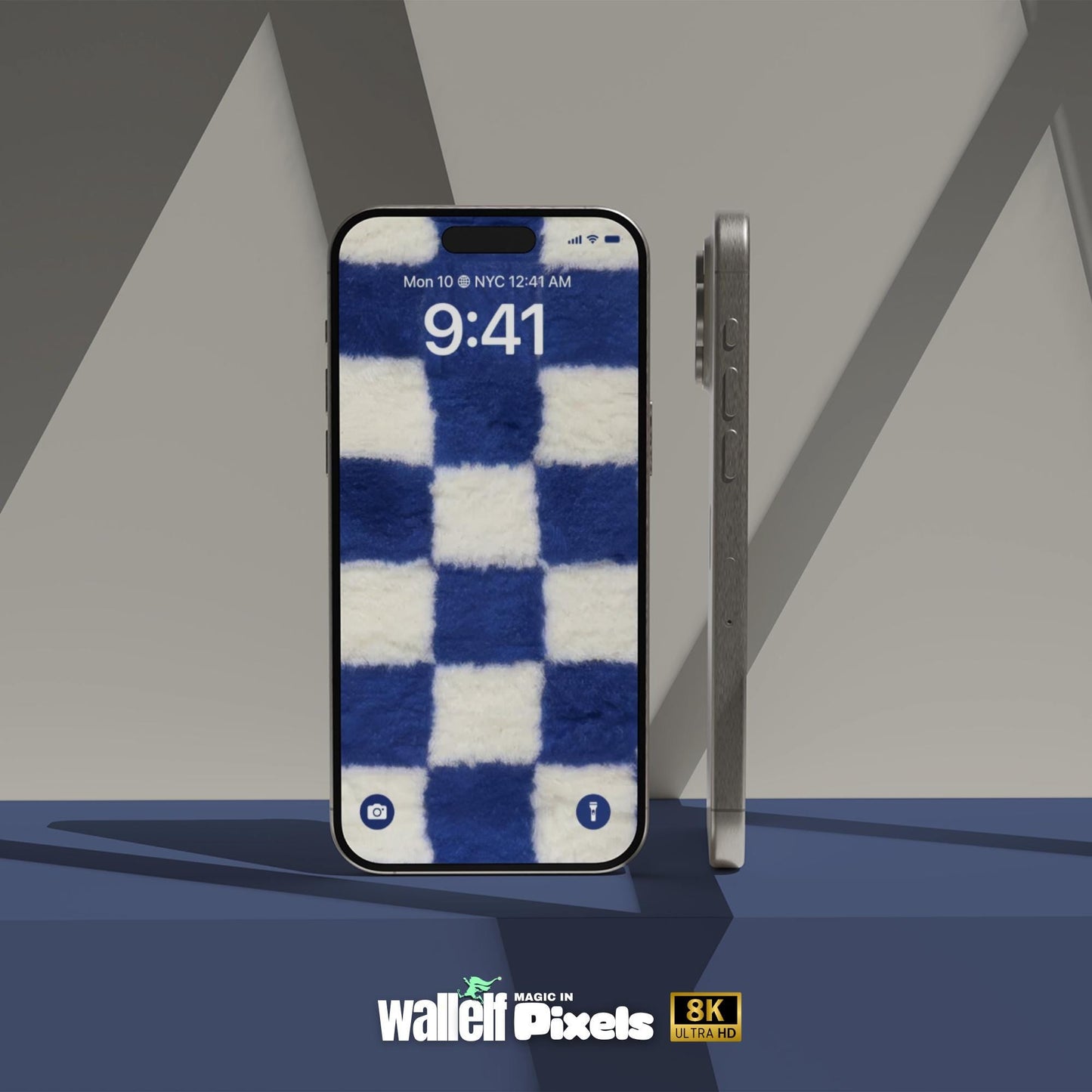 8K Blue Checkerboard Fluffy Texture Wallpaper Bundle |Digital Background for iPad, iPhone & Android | Cozy Aesthetic Screen Design | 498