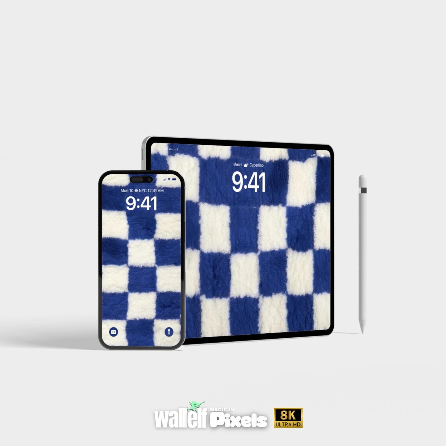 8K Blue Checkerboard Fluffy Texture Wallpaper Bundle |Digital Background for iPad, iPhone & Android | Cozy Aesthetic Screen Design | 498