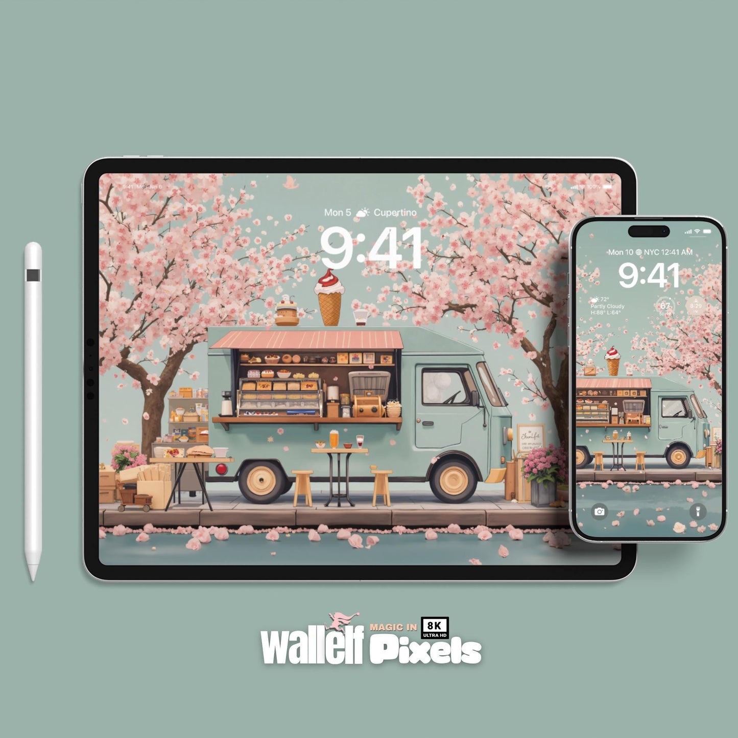 8K Cherry Blossom Food Truck Wallpaper Bundle | Aesthetic Multi-Device Digital Backgrounds for iPhone, iPad, MacBook, Desktop & More | 489