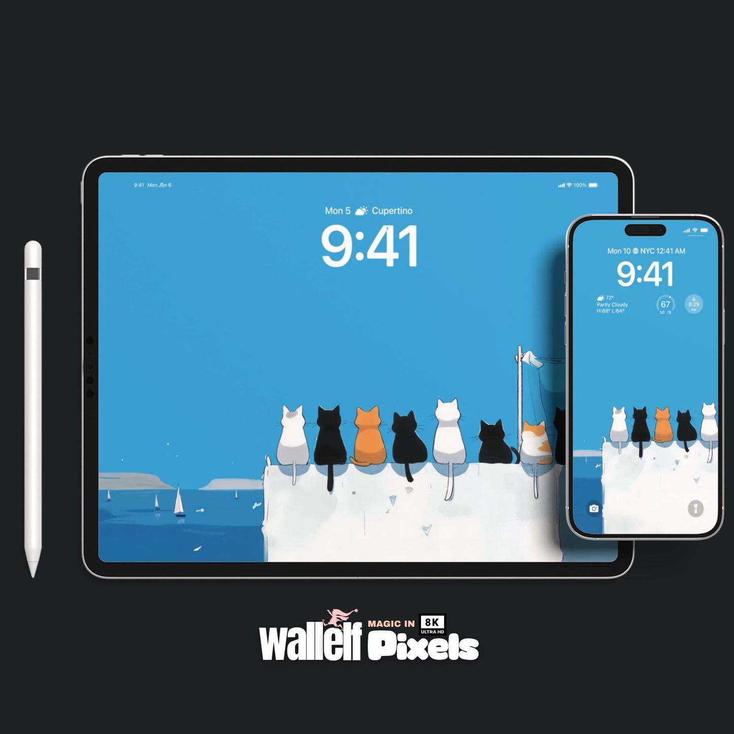 8K Cat Cliff Wallpaper Bundle | Multi-Device Digital Background for iPhone, iPad, Desktop, & MacBook | Whimsical Cats by the Sea Design| 490