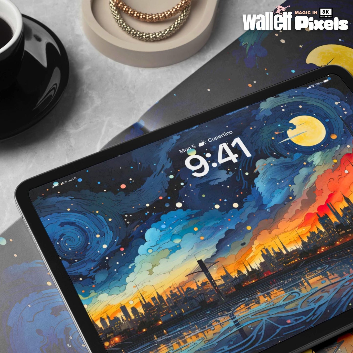 8K Starry Skyline Digital Wallpaper | Cityscape Background for Desktop, iPhone, iPad & MacBook | Vibrant Nightscape Aesthetic | 494