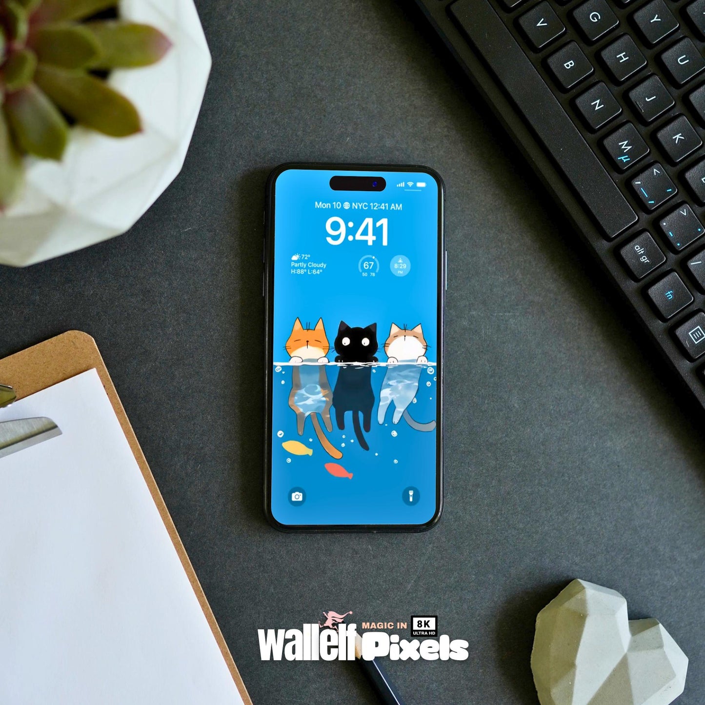 8K Swimming Cats Digital Lock Screen Wallpaper Bundle |Whimsical Animal Backgrounds for All Devices | iPhone, iPad, Laptop & Desktop | 496