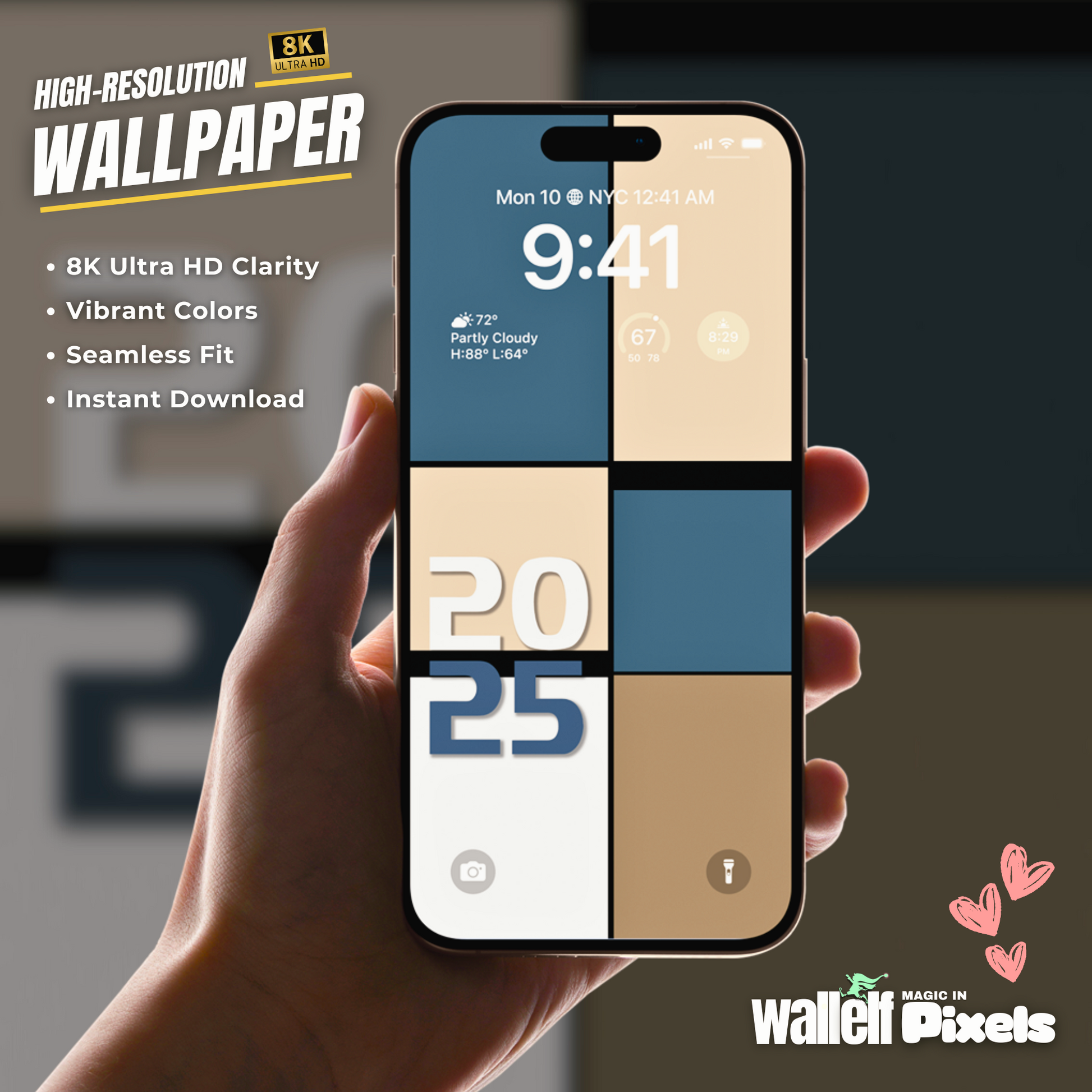 a hand holding a phone with a wallpaper design on it