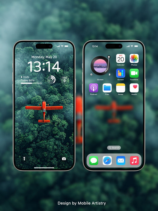 Aerial Adventure Plane Mobile Wallpaper | Vibrant Red Over Green Forest | HD Phone Wallpaper for iPhone & Android