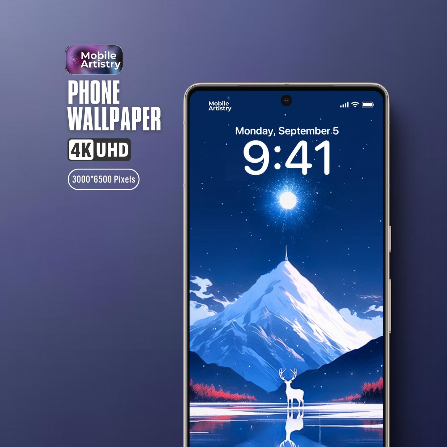 4K Phone Wallpaper - Majestic Mountain  Deer in Tranquil Night Scene - Instant Download for iPhone  Android