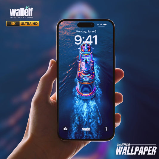 4K Ultra HD Neon Cruise Ship Wallpaper | Futuristic Ocean Voyage Phone Background for iPhone & Android | Vibrant Night Water Scene