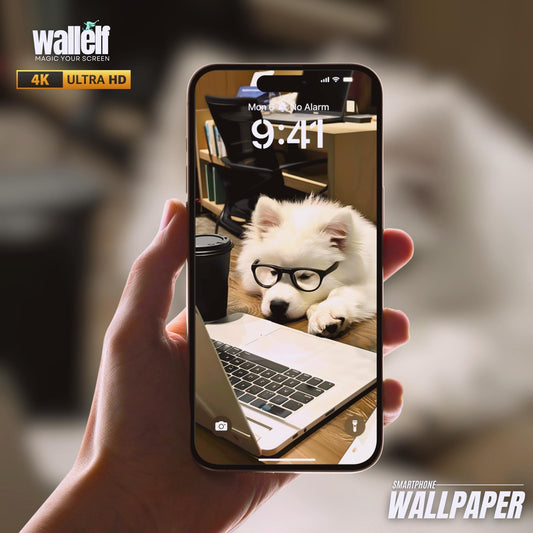 Adorable Dog at Work iPhone Wallpaper | 9K Cute Puppy Office Theme | Cozy Funny Digital Art Background for iOS & Android | 367