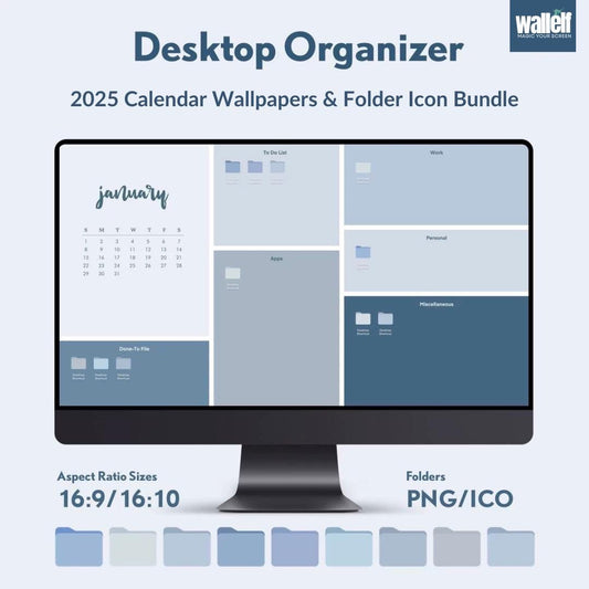 Blue & Neutral Desktop Organizer Wallpaper Bundle | 2025 Calendar Themes | Multiple Resolutions | Mac Windows Folder Icon Guide