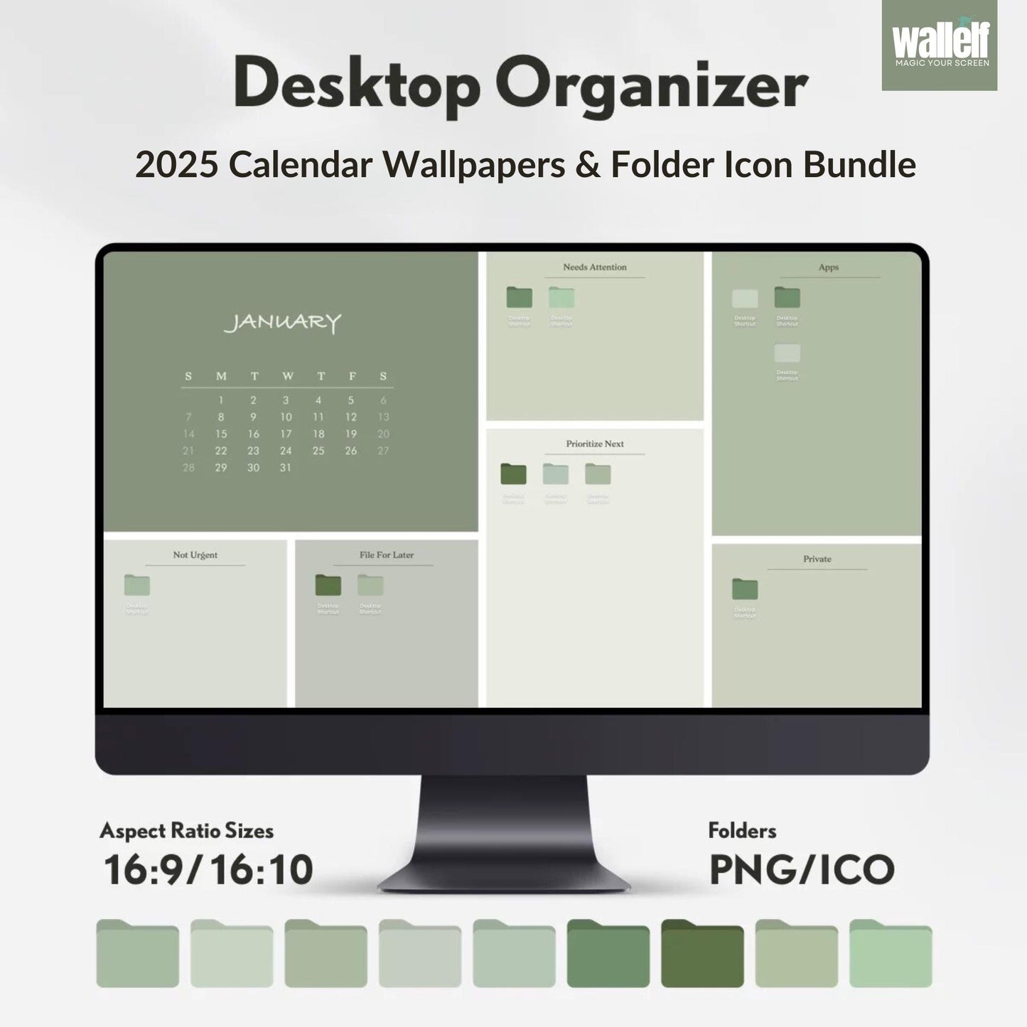 Green Desktop Organizer Wallpaper | 2025 Calendar & Folder Icon Set | Digital Download for Mac Windows｜16-9 16-10 Resolutions｜003