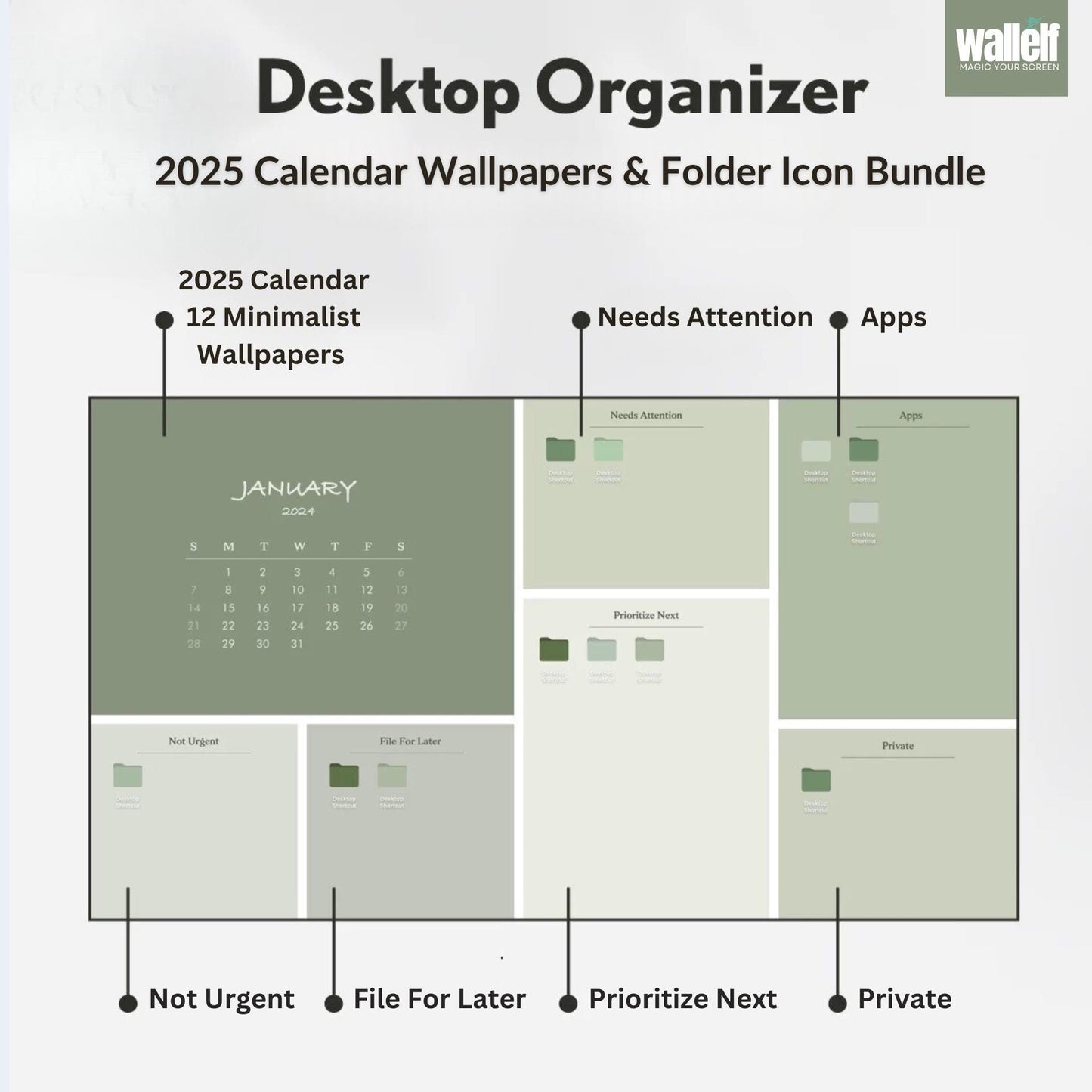 Green Desktop Organizer Wallpaper | 2025 Calendar & Folder Icon Set | Digital Download for Mac Windows｜16-9 16-10 Resolutions｜003