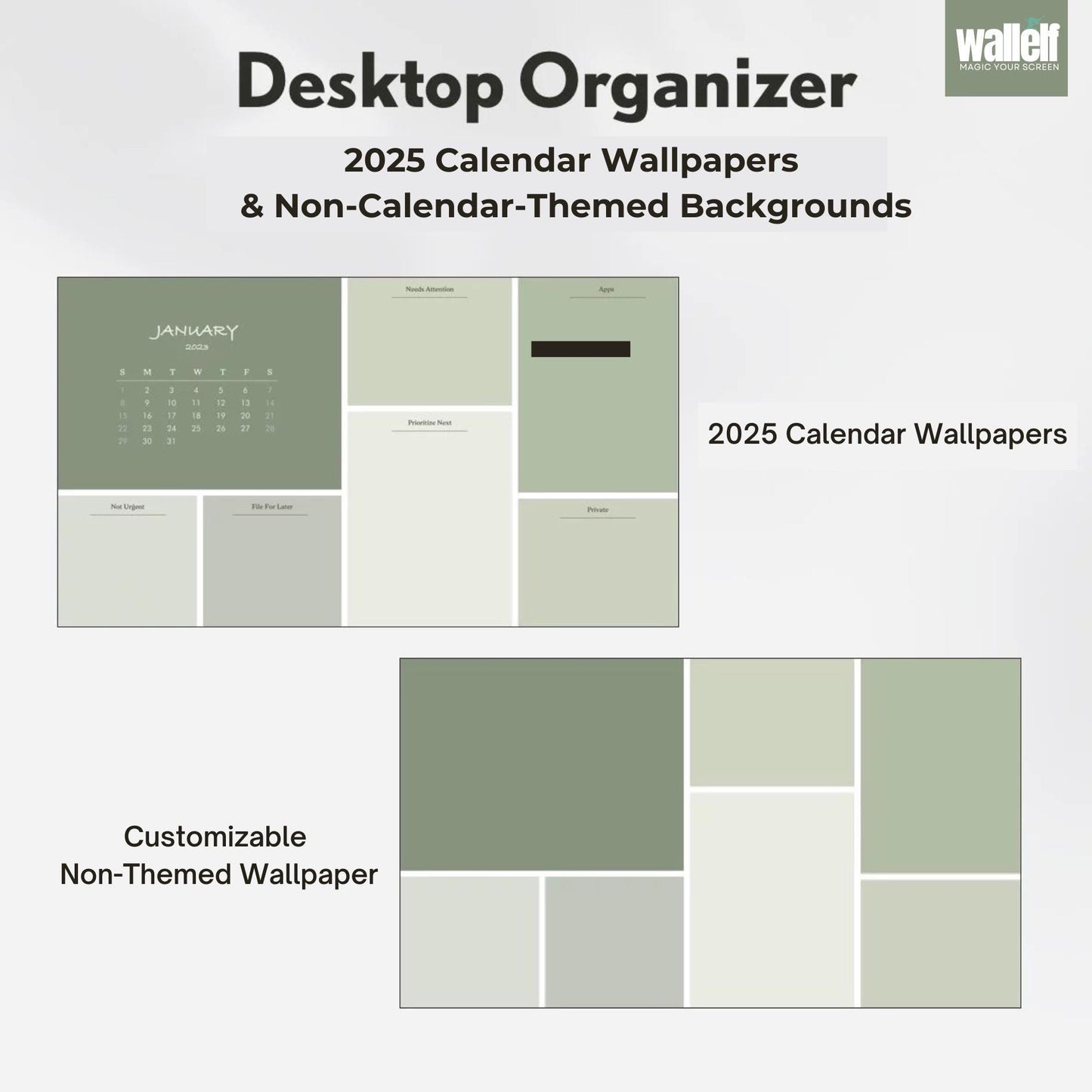 Green Desktop Organizer Wallpaper | 2025 Calendar & Folder Icon Set | Digital Download for Mac Windows｜16-9 16-10 Resolutions｜003
