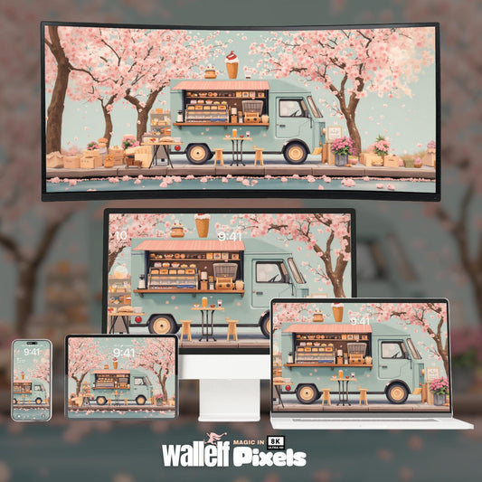 8K Cherry Blossom Food Truck Wallpaper Bundle | Aesthetic Multi-Device Digital Backgrounds for iPhone, iPad, MacBook, Desktop & More | 489