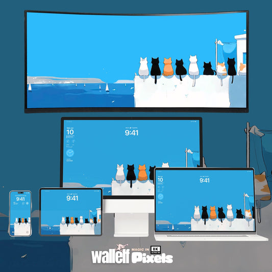 8K Cat Cliff Wallpaper Bundle | Multi-Device Digital Background for iPhone, iPad, Desktop, & MacBook | Whimsical Cats by the Sea Design| 490