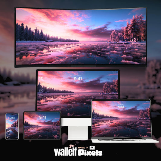 8K Winter Sunset Wallpaper Bundle | Scenic Digital Background for iPhone, iPad, MacBook & Desktop | Aesthetic Sunset on Frozen Lake | 491